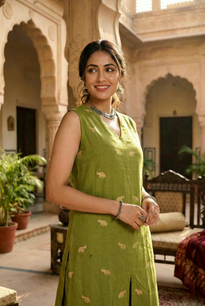 Neerus Green cotton solid suit set - detail view 3