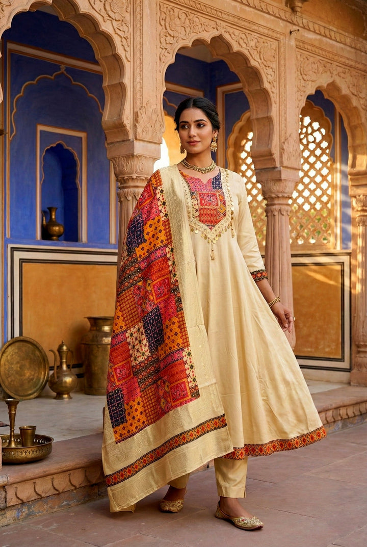 Neerus Beige silk embroidered suit set - front view