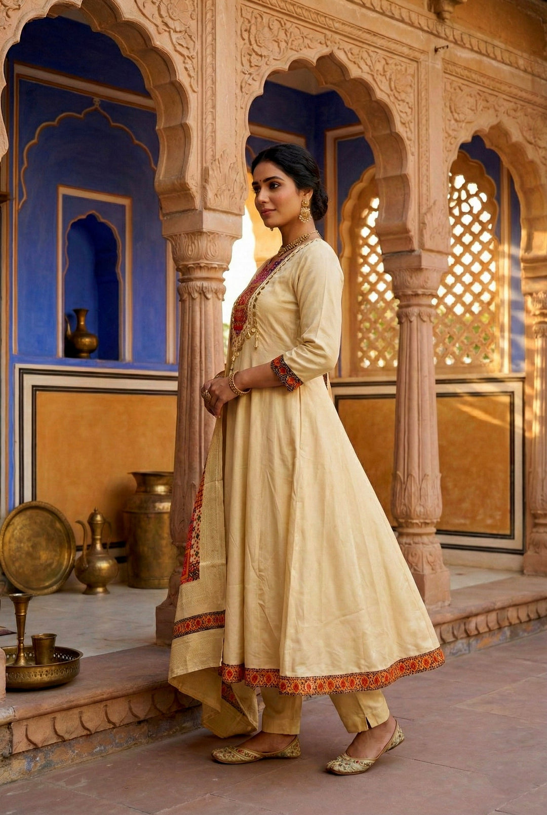 Neerus Beige silk embroidered suit set - back view