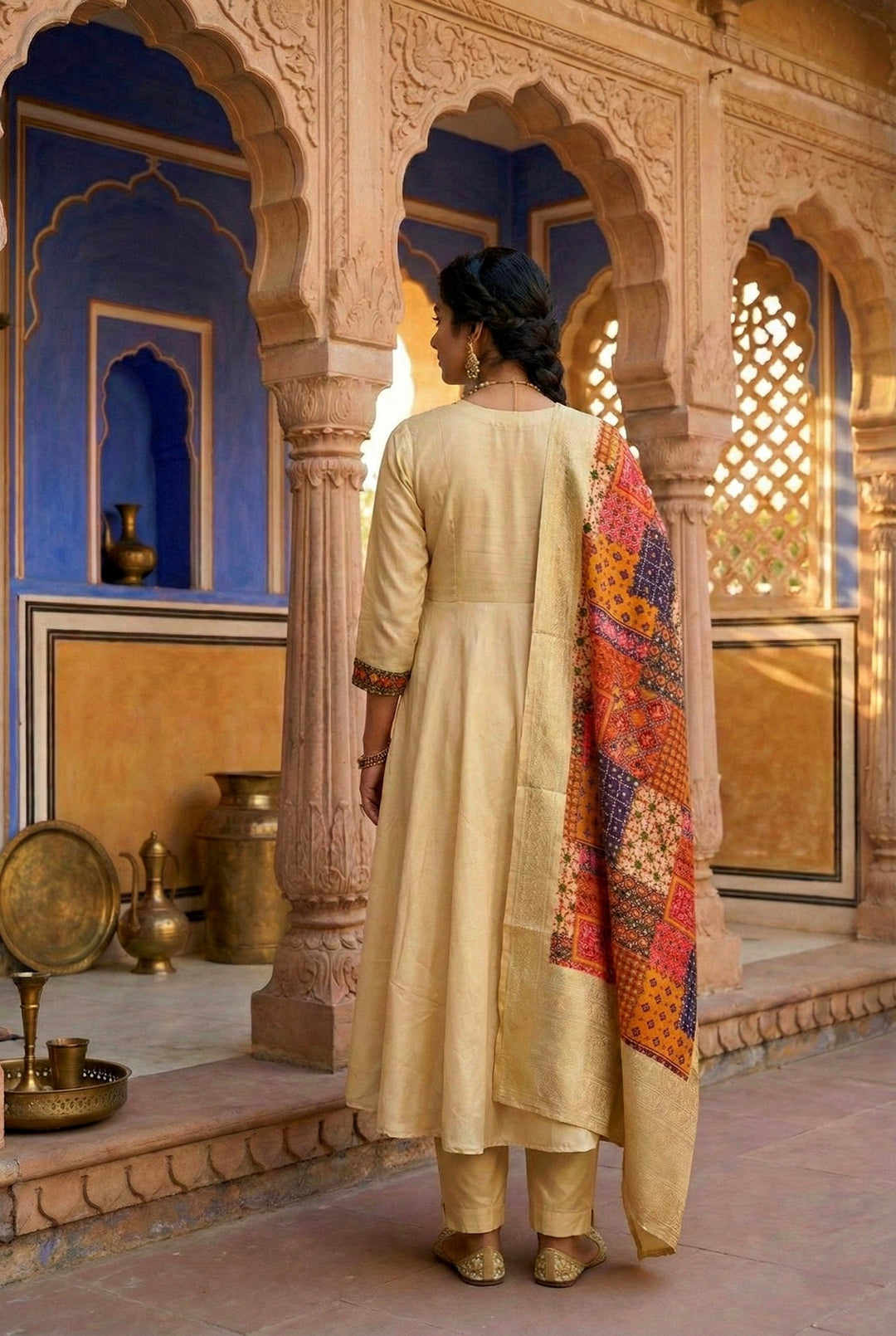 Neerus Beige silk embroidered suit set - side view