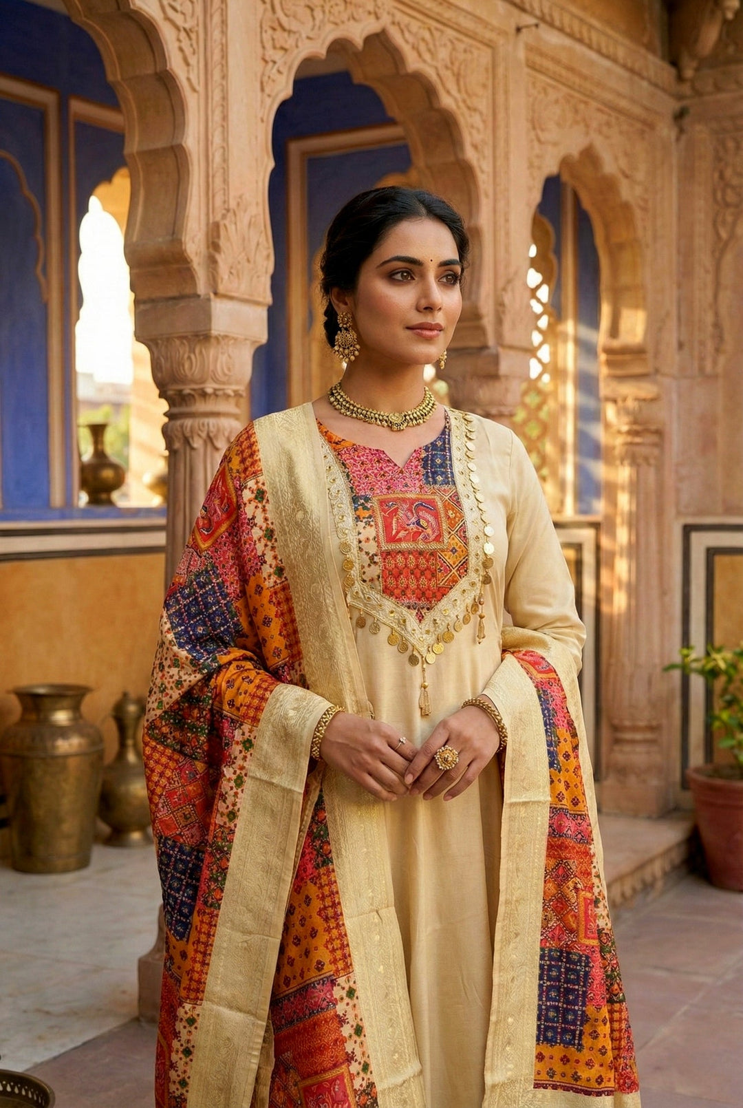 Neerus Beige silk embroidered suit set - detail view 1