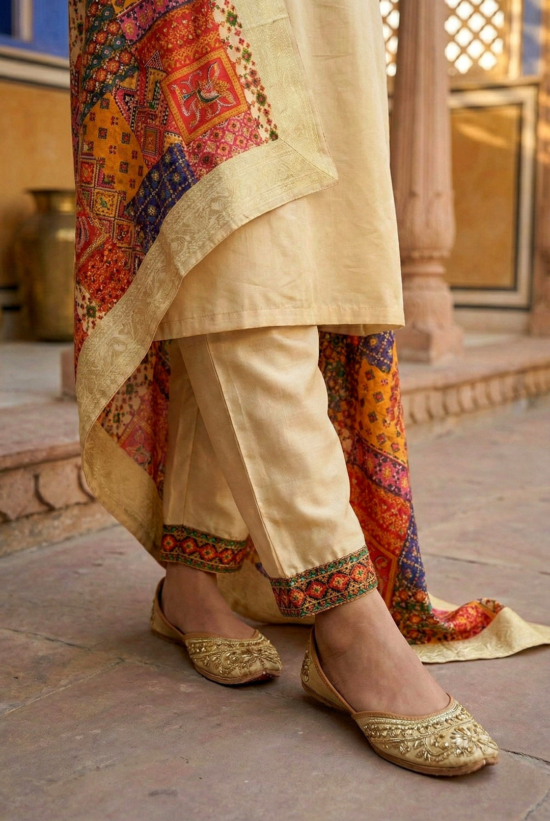 Neerus Beige silk embroidered suit set - detail view 3