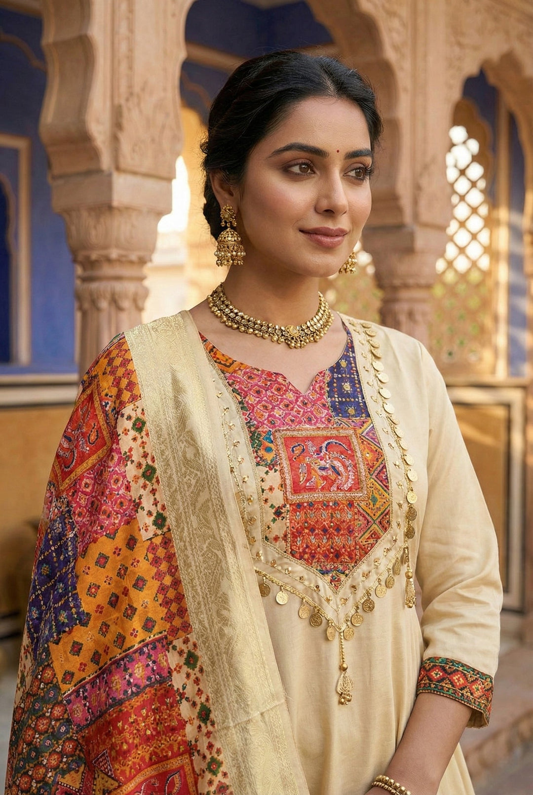 Neerus Beige silk embroidered suit set - detail view 2