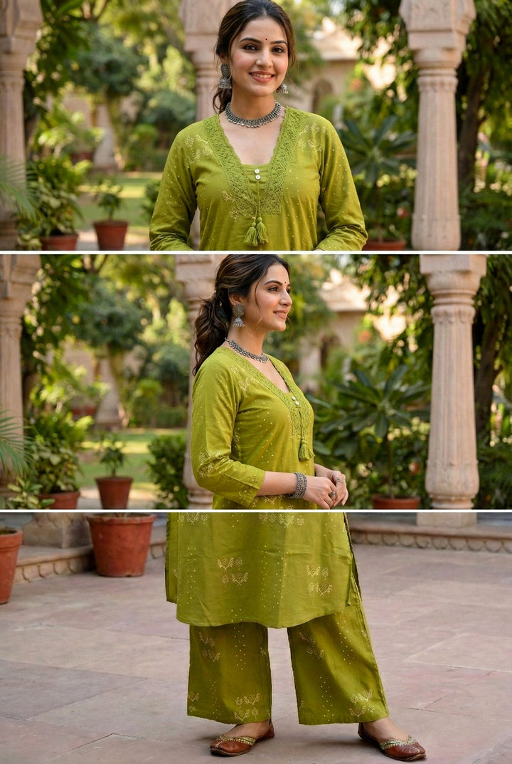 Neerus Green cotton printed suit set - detail view 1