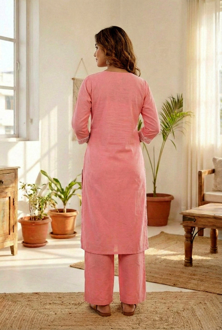 Neerus Pink cotton solid suit set - side view