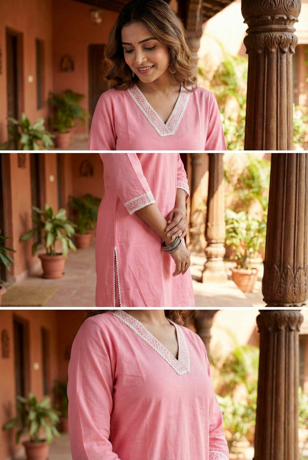 Neerus Pink cotton solid suit set - detail view 2