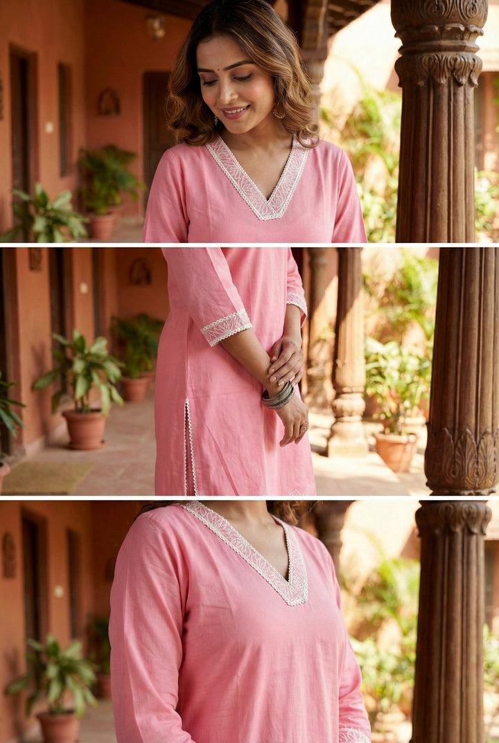 Neerus Pink cotton solid suit set - detail view 2