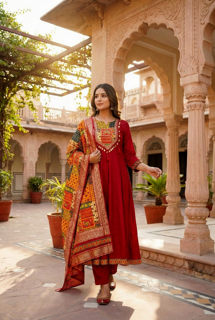 Neerus Maroon silk embroidered suit set - front view
