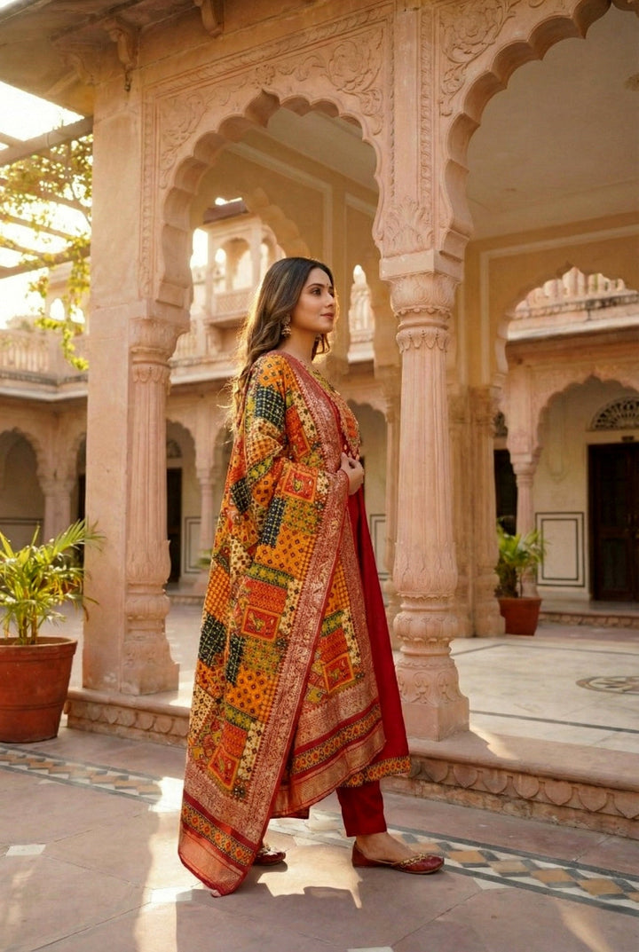 Neerus Maroon silk embroidered suit set - back view