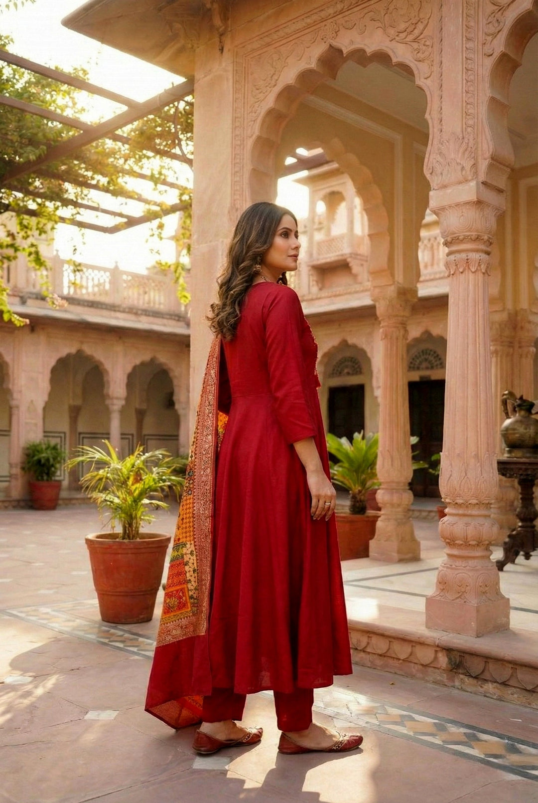 Neerus Maroon silk embroidered suit set - side view