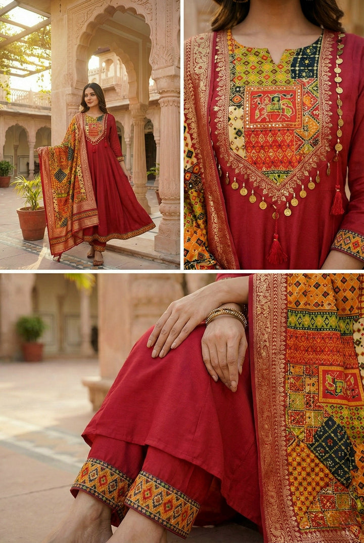 Neerus Maroon silk embroidered suit set - detail view 2