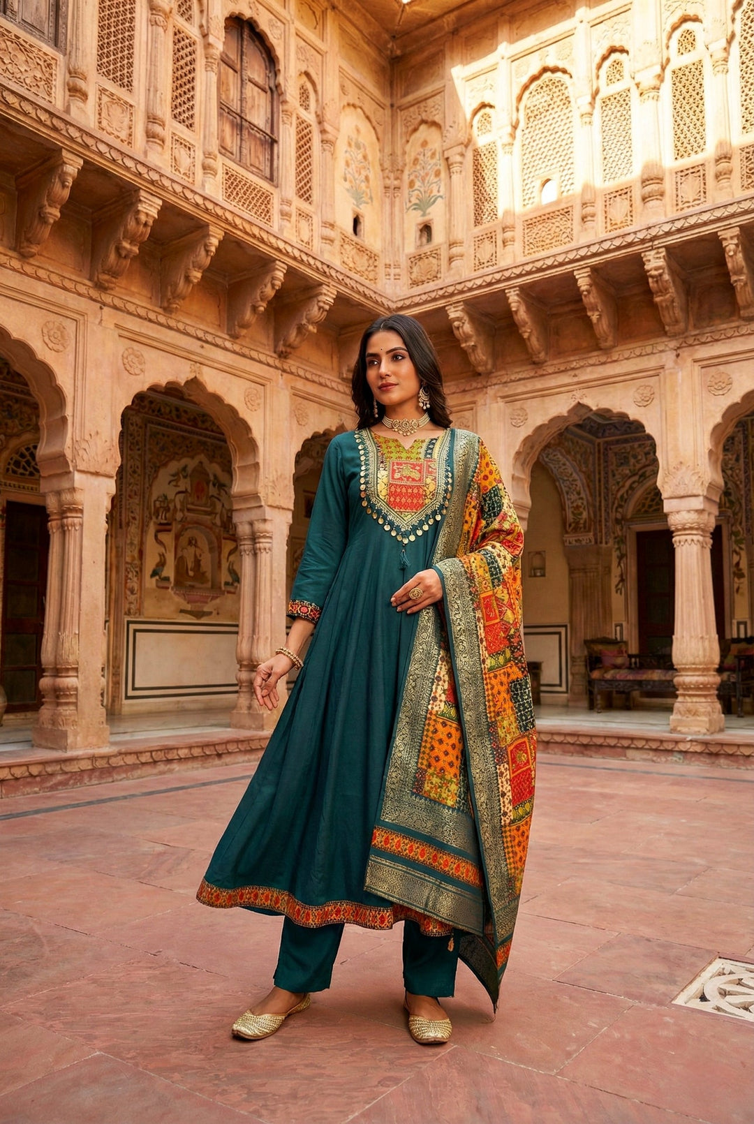 Neerus Green silk embroidered Anarkali suit set - front view