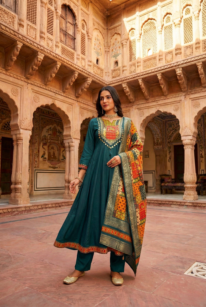 Neerus Green silk embroidered Anarkali suit set - front view