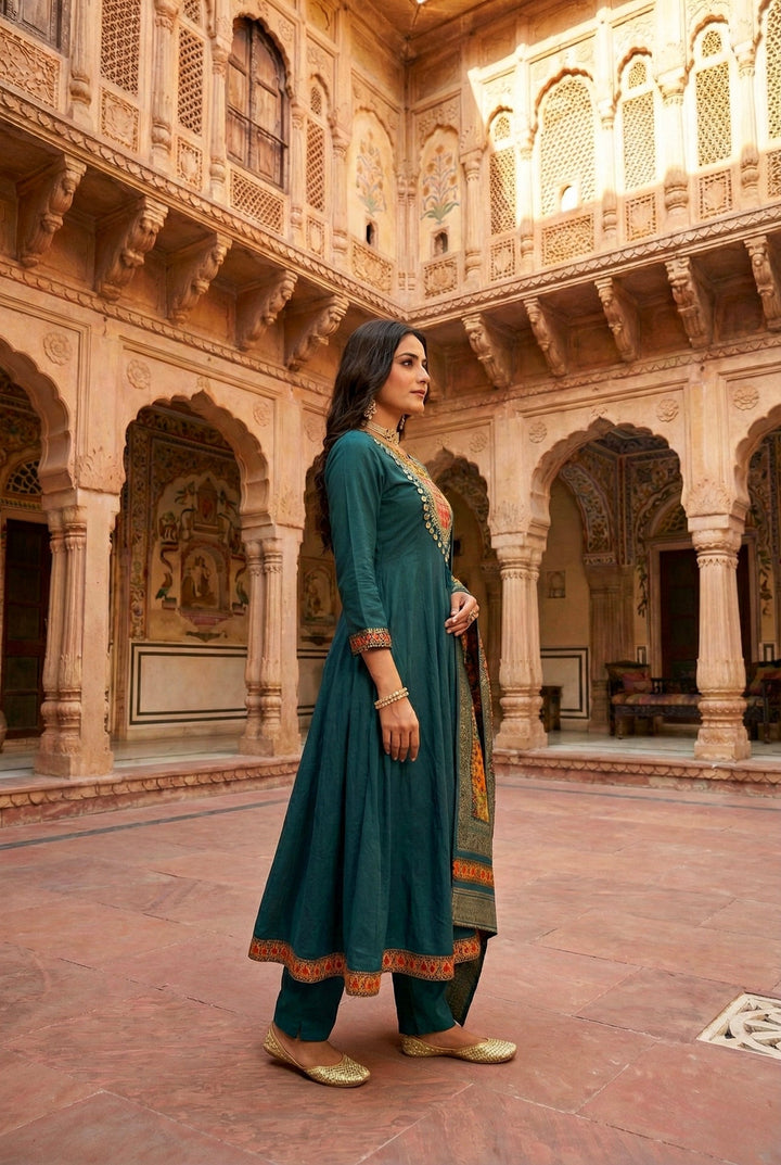 Neerus Green silk embroidered Anarkali suit set - back view