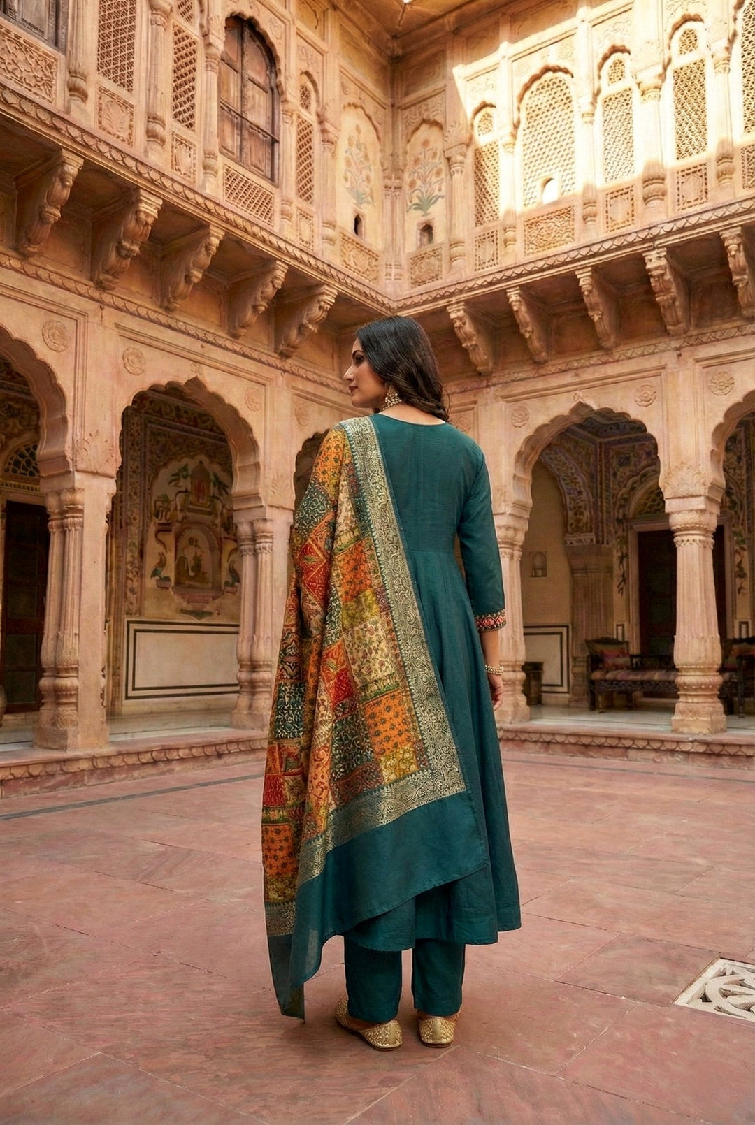 Neerus Green silk embroidered Anarkali suit set - side view