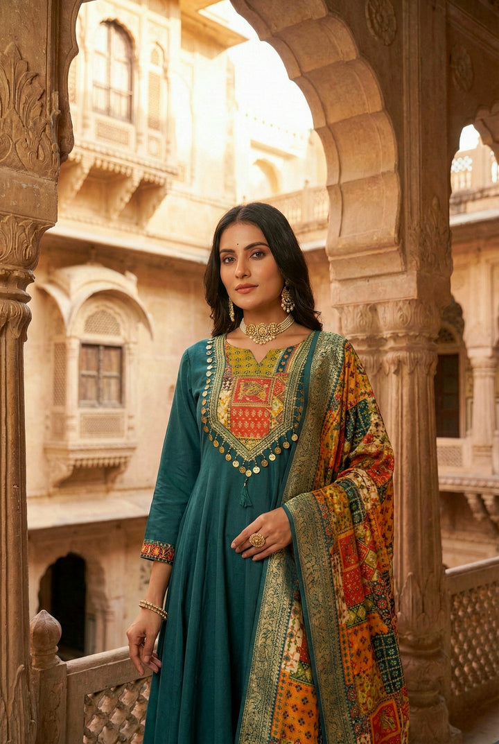 Neerus Green silk embroidered Anarkali suit set - detail view 1