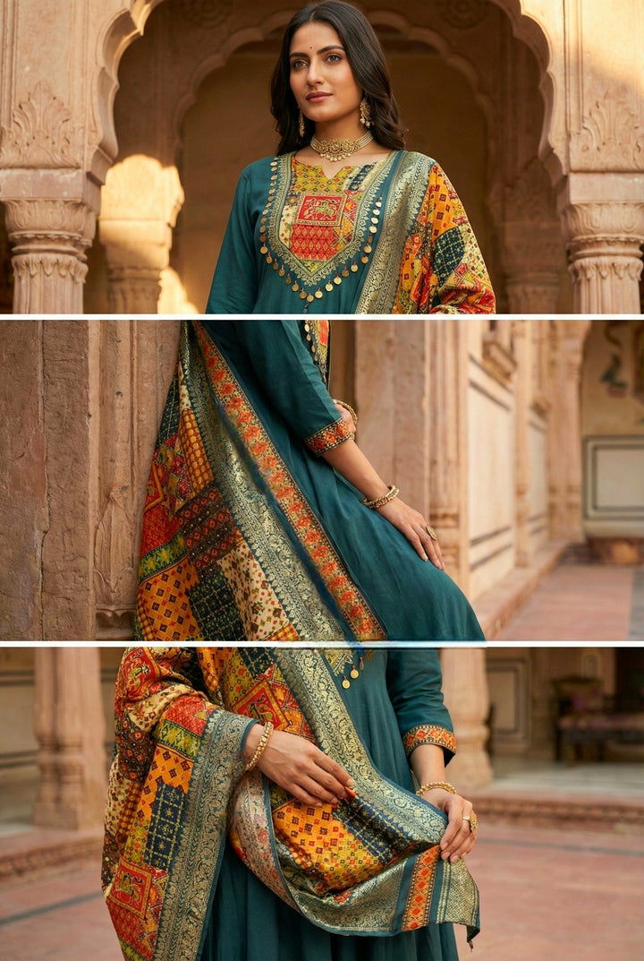Neerus Green silk embroidered Anarkali suit set - detail view 2