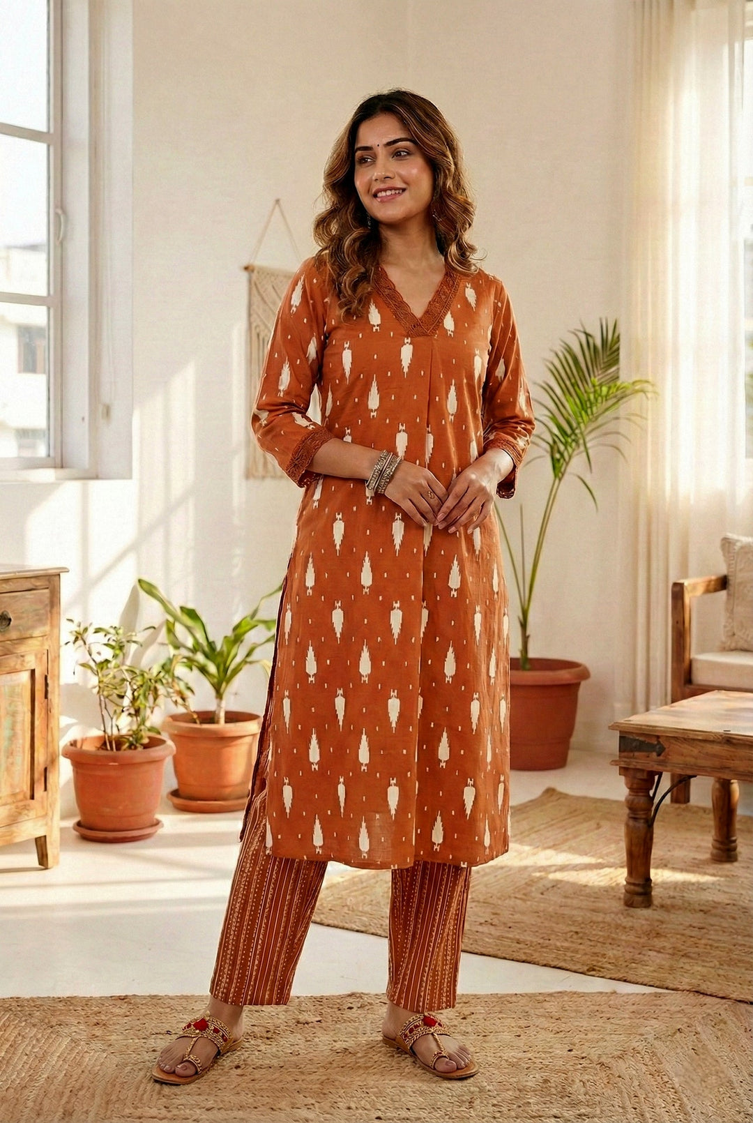 Neerus Orange cotton printed suit set - front view