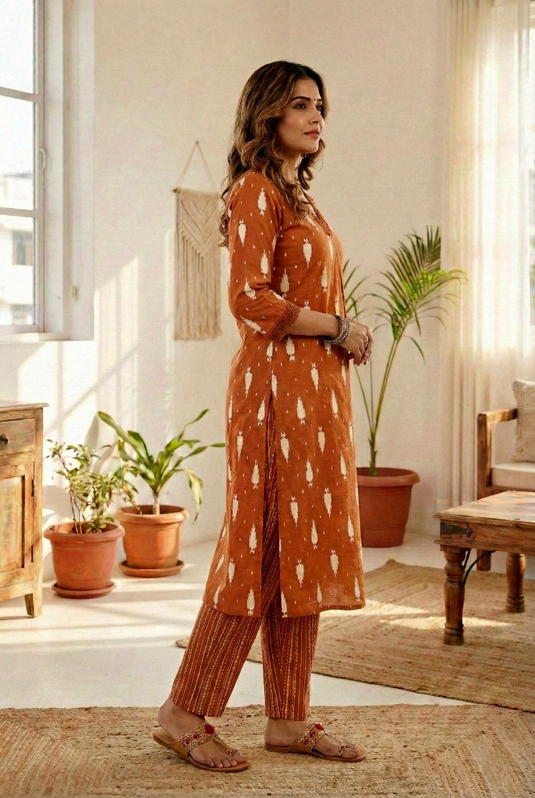 Neerus Orange cotton printed suit set - back view