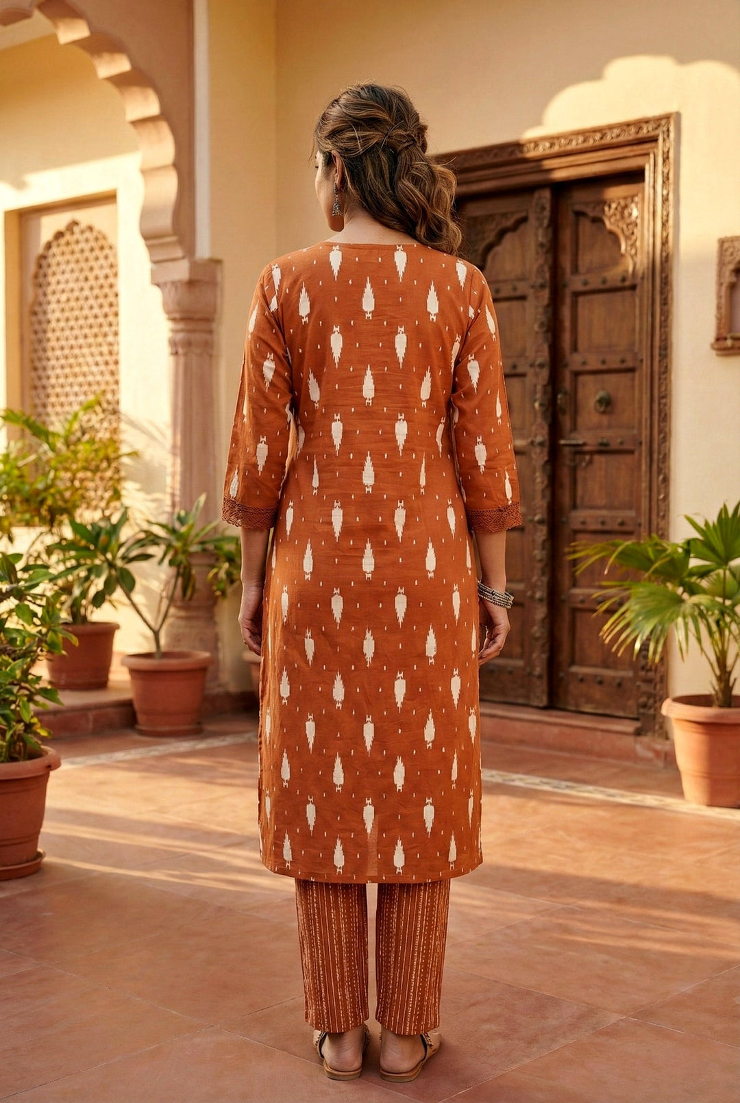Neerus Orange cotton printed suit set - side view