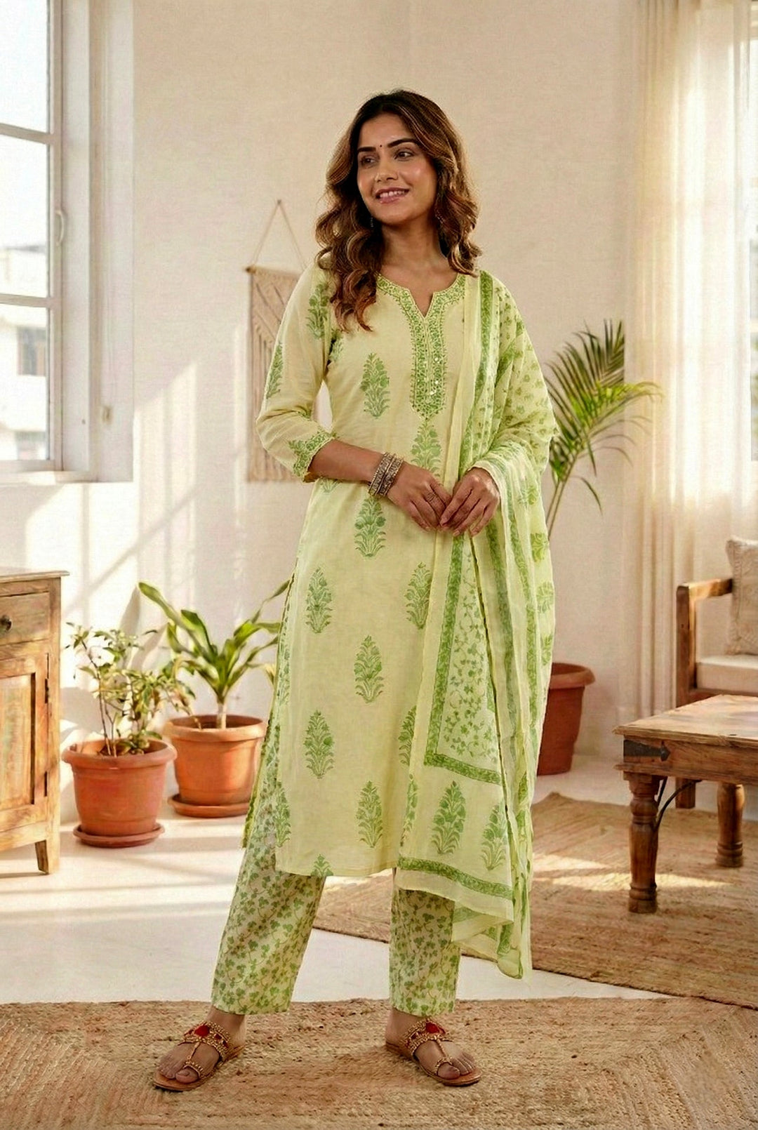 Neerus Green cotton thread embroidered suit set - front view