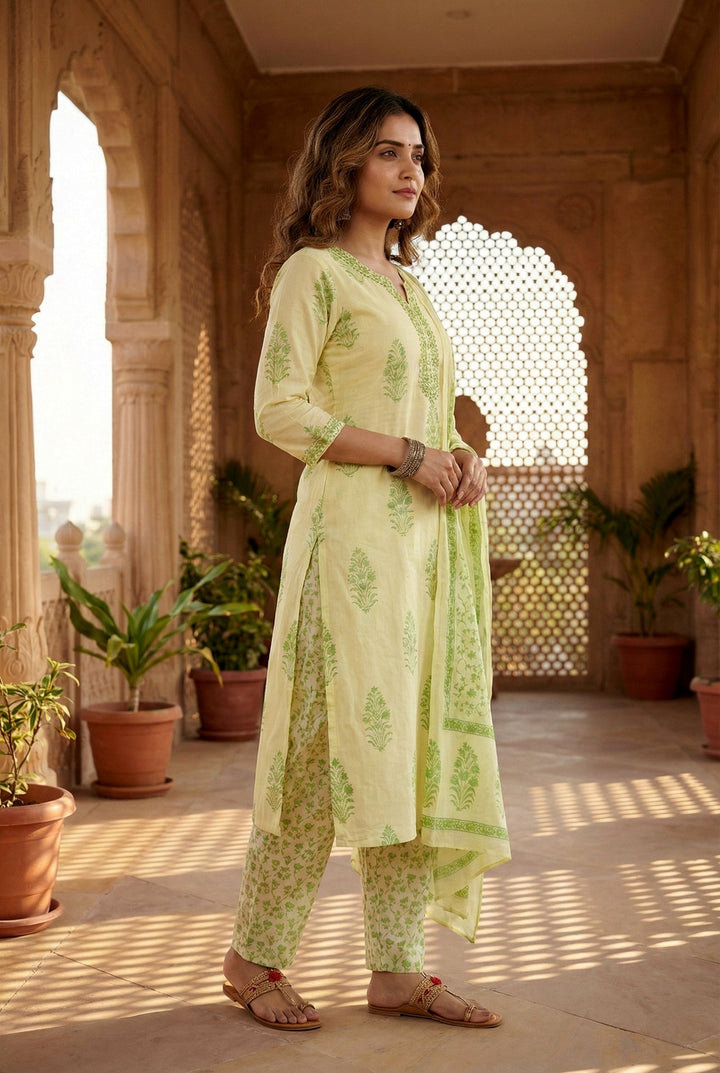 Neerus Green cotton thread embroidered suit set - back view