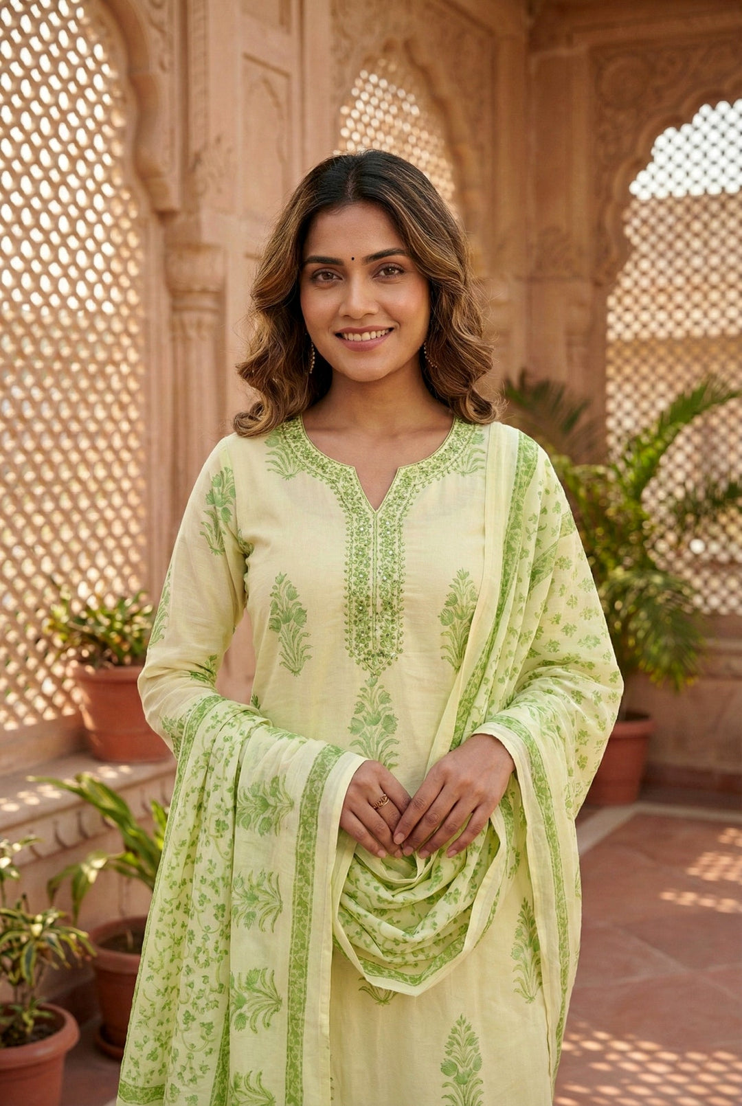 Neerus Green cotton thread embroidered suit set - detail view 3