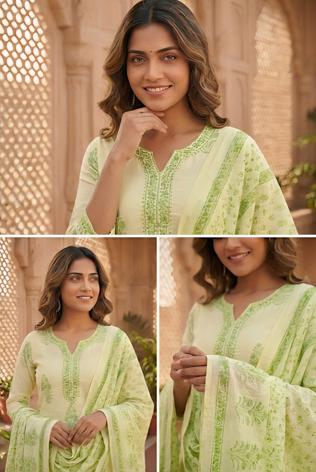 Neerus Green cotton thread embroidered suit set - detail view 1