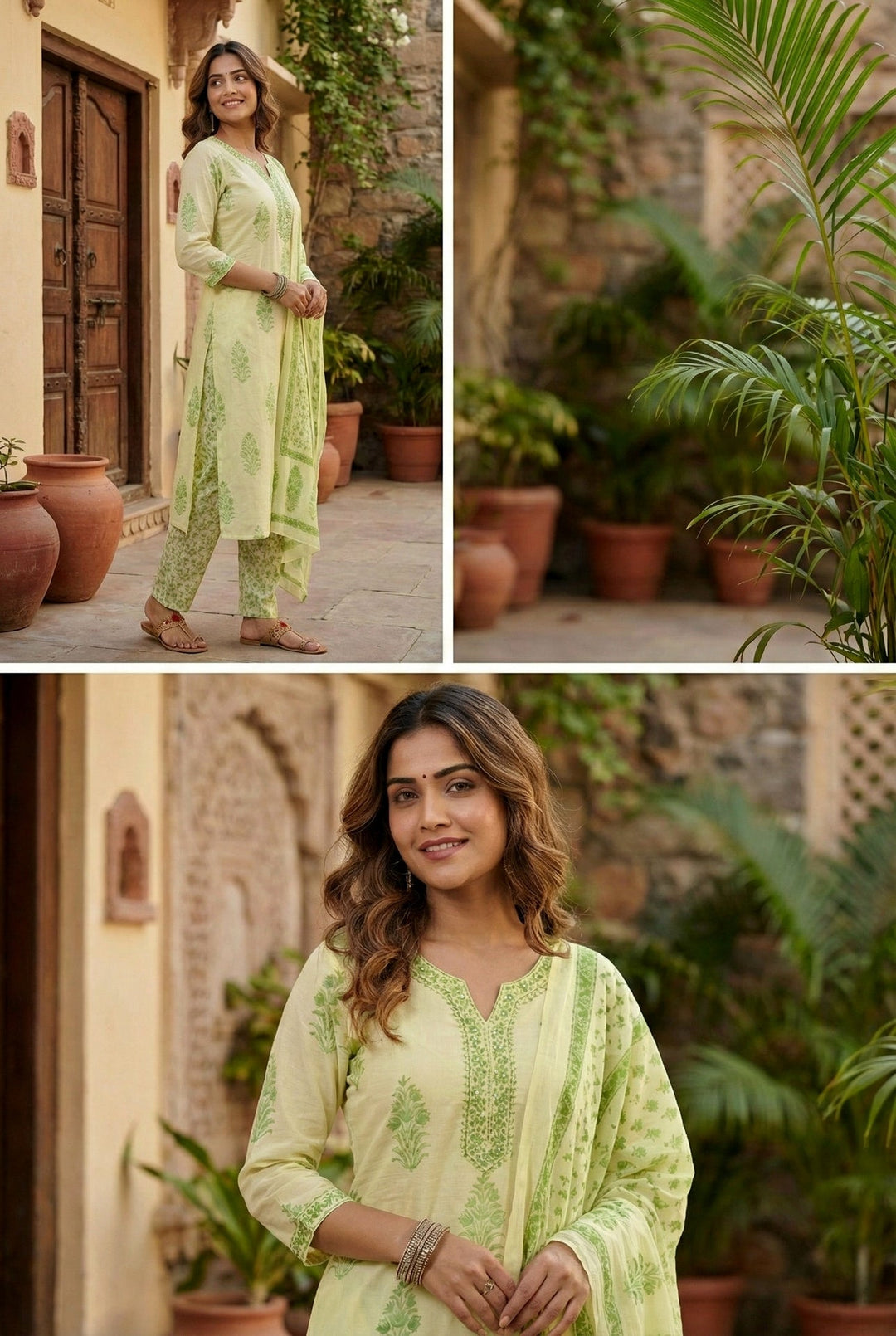 Neerus Green cotton thread embroidered suit set - detail view 2