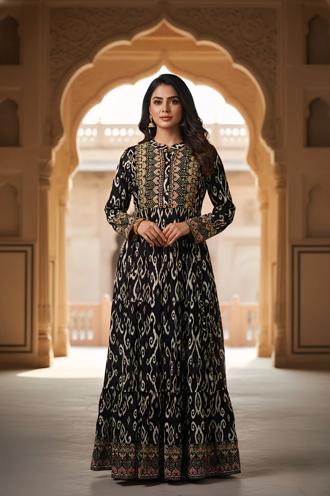 Neerus Black Rayon Digital Printed Maxi Dress - front view