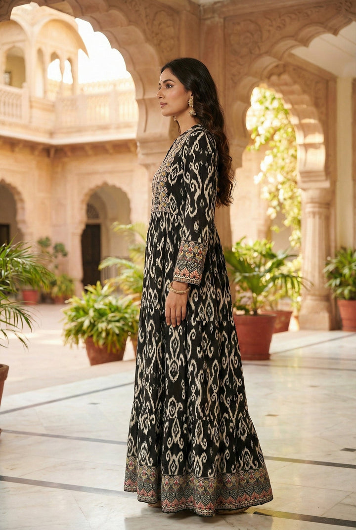 Neerus Black Rayon Digital Printed Maxi Dress - back view