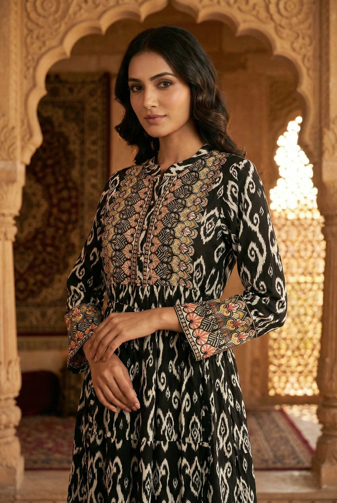 Neerus Black Rayon Digital Printed Maxi Dress - detail view 1