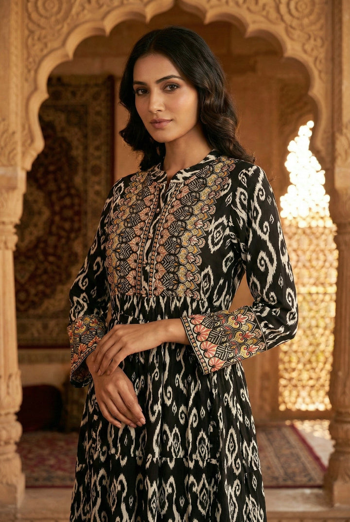 Neerus Black Rayon Digital Printed Maxi Dress - detail view 1