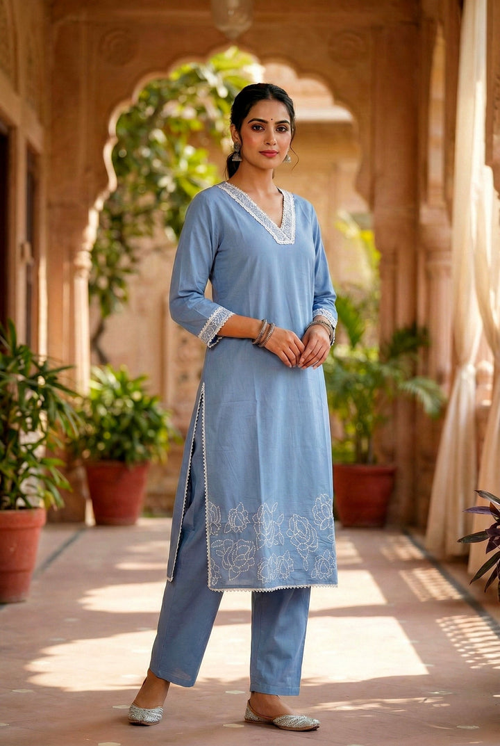 Neerus Blue cotton thread embroidered suit set - front view