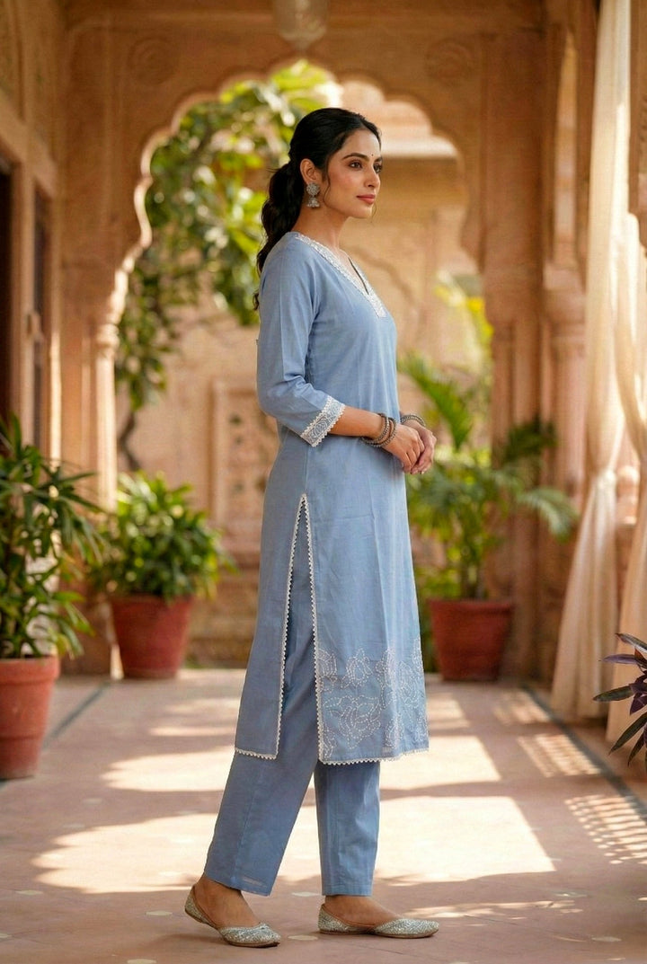 Neerus Blue cotton thread embroidered suit set - back view