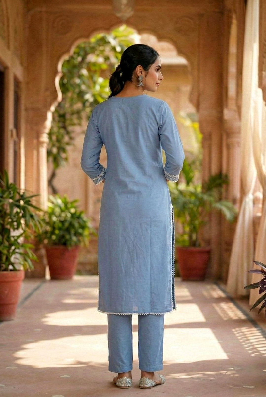 Neerus Blue cotton thread embroidered suit set - side view