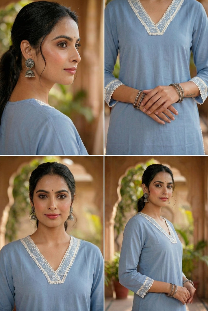 Neerus Blue cotton thread embroidered suit set - detail view 1