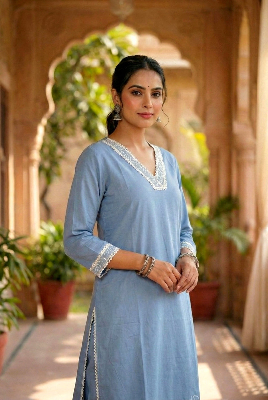 Neerus Blue cotton thread embroidered suit set - detail view 2