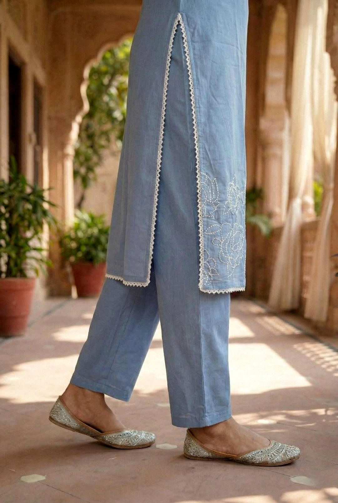 Neerus Blue cotton thread embroidered suit set - detail view 4