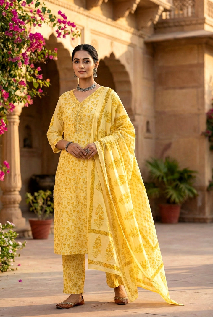 Neerus Yellow cotton hand embroidered suit set - front view