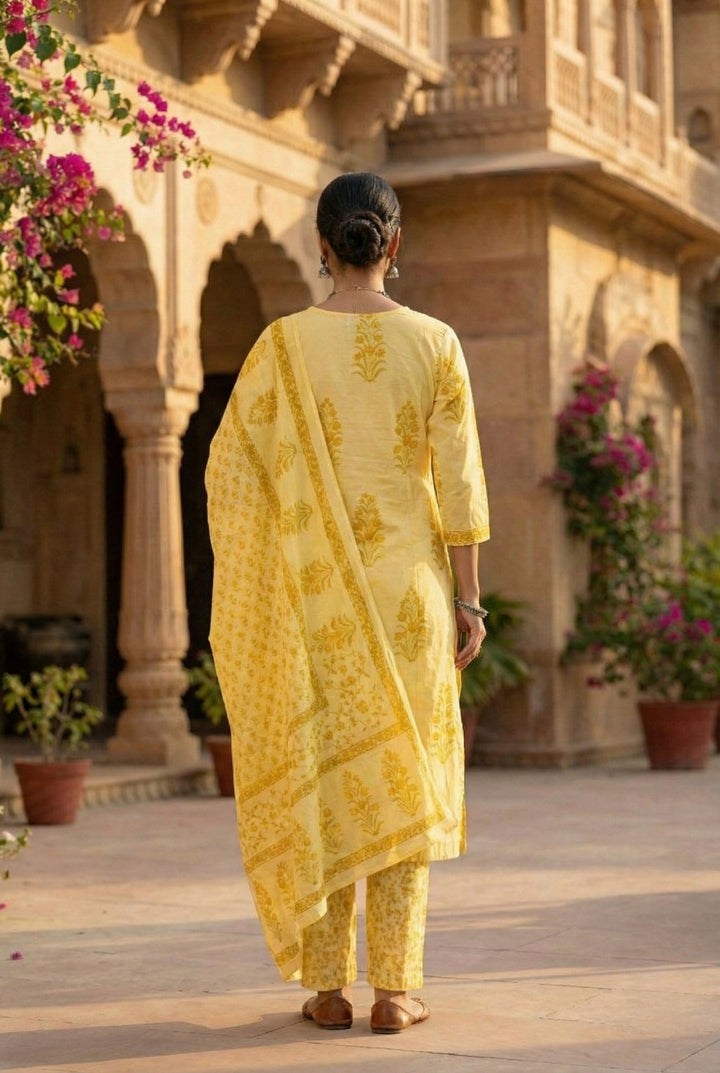 Neerus Yellow cotton hand embroidered suit set - side view