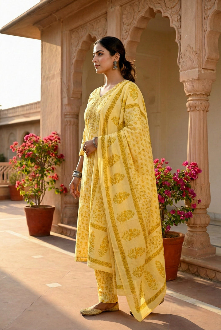 Neerus Yellow cotton hand embroidered suit set - back view