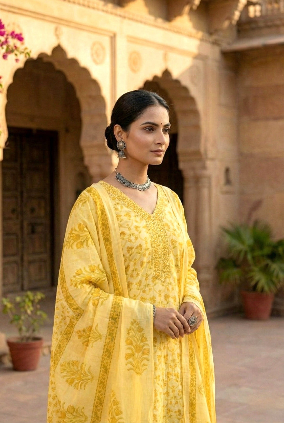 Neerus Yellow cotton hand embroidered suit set - detail view 2