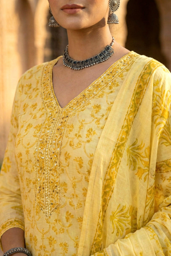 Neerus Yellow cotton hand embroidered suit set - detail view 1