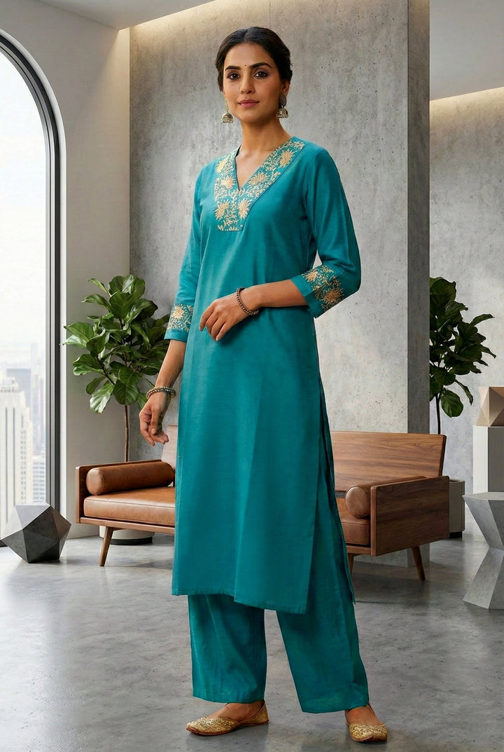 Neerus Blue silk hand embroidered suit set - front view