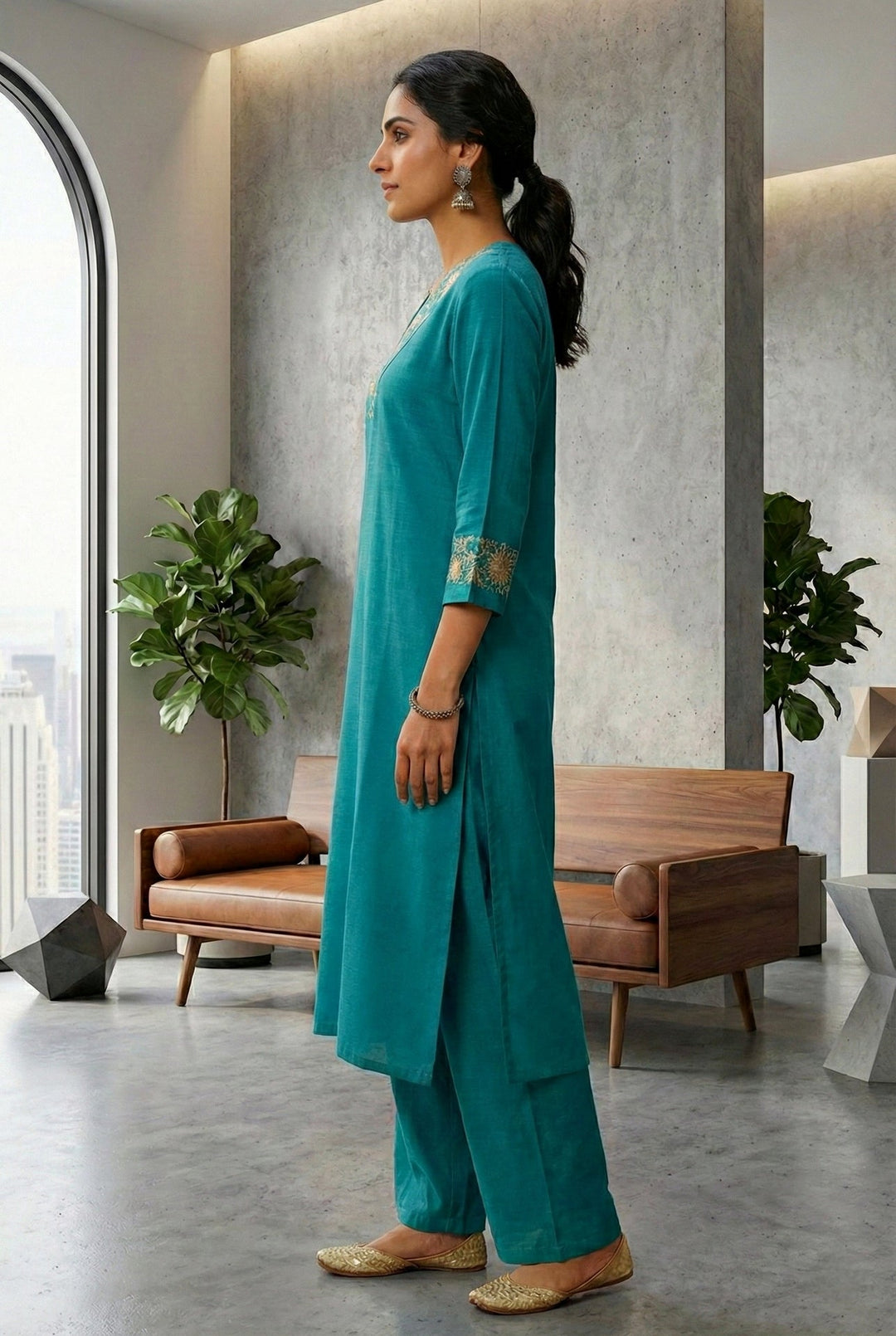 Neerus Blue silk hand embroidered suit set - back view