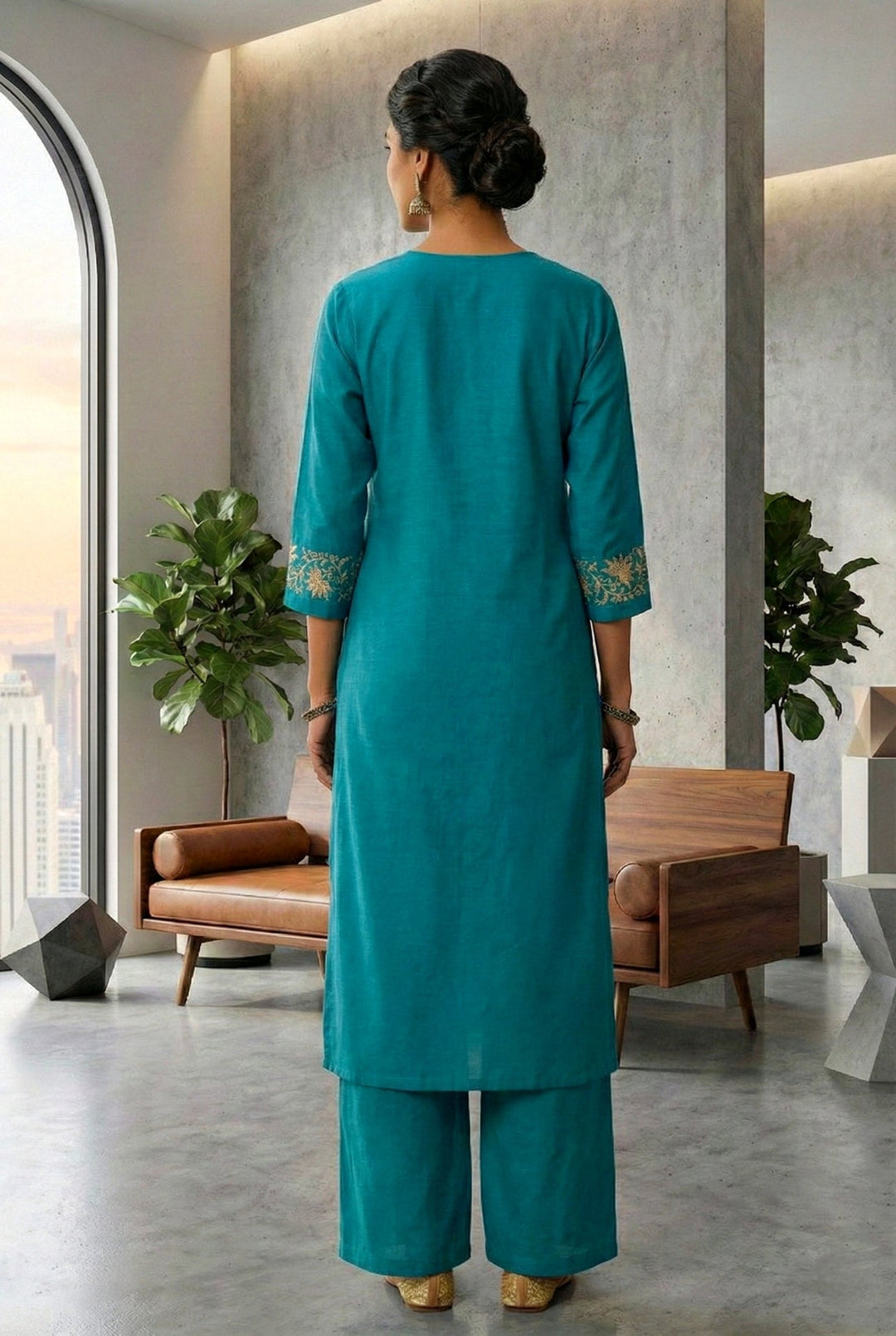 Neerus Blue silk hand embroidered suit set - side view