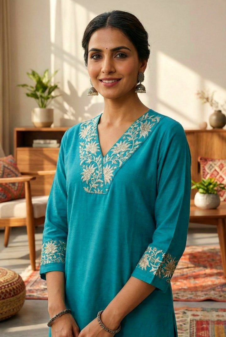 Neerus Blue silk hand embroidered suit set - detail view 2