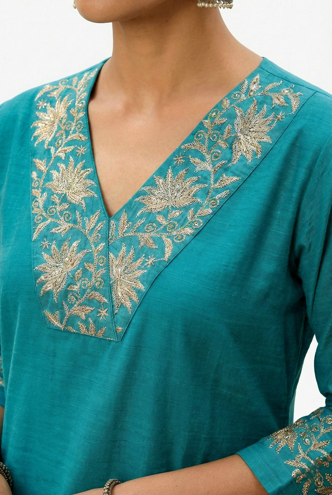 Neerus Blue silk hand embroidered suit set - detail view 1