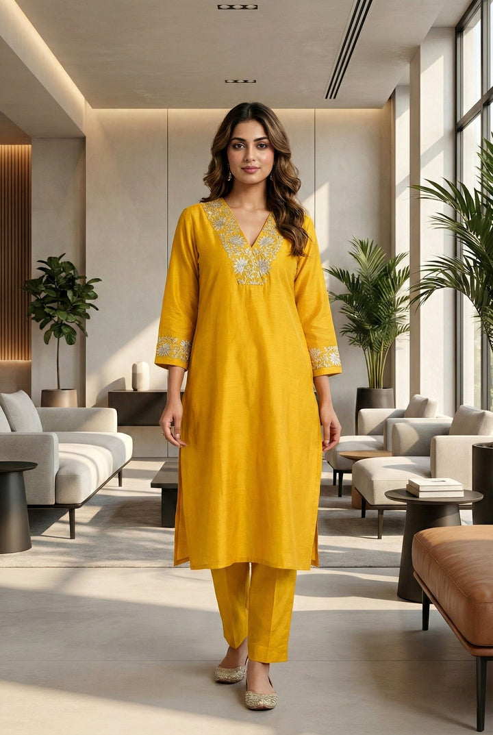 Neerus Yellow silk hand embroidered suit set - front view